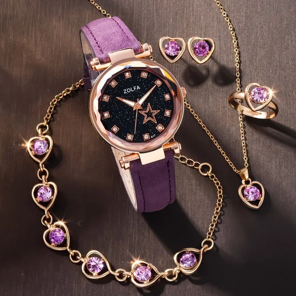 5 pcs Quartz Pu Leather Wrist Watch and Necklace Set - Picture 5 of 8